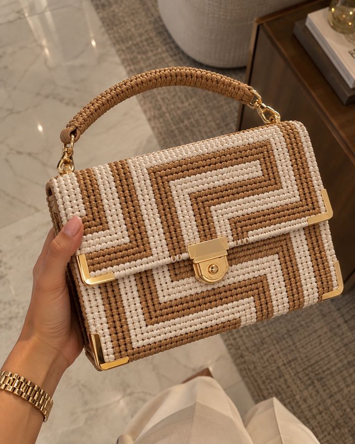 Bolso con diseño geométrico y herrajes dorados