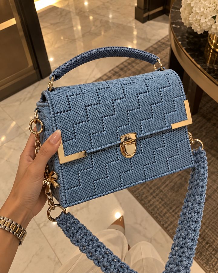 Bolso azul con textura de franjas y cierre dorado